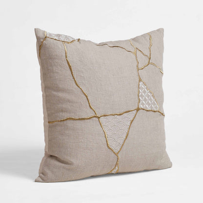 KINTSUGI Embroidered Linen Pillow Cover – 18x18 Inch, Gold & White Embroidery, Medium Mend