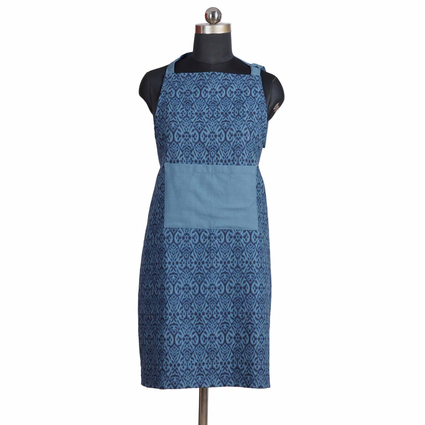 Ikat Print Indigo Blue Cotton Duck Apron with Pocket – Adjustable Straps -27X35 inches
