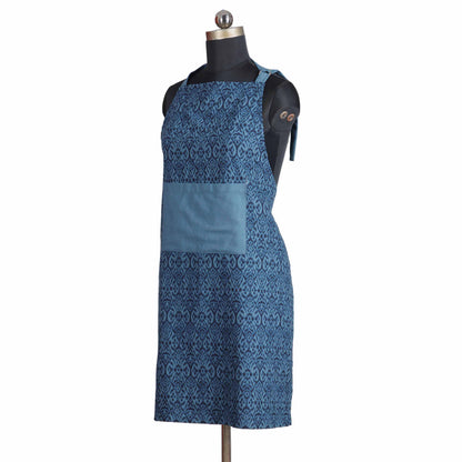Ikat Print Indigo Blue Cotton Duck Apron with Pocket – Adjustable Straps -27X35 inches