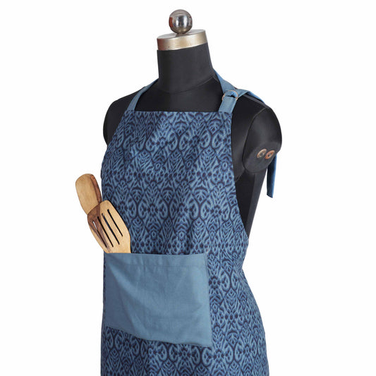 Ikat Print Indigo Blue Cotton Duck Apron with Pocket – Adjustable Straps -27X35 inches
