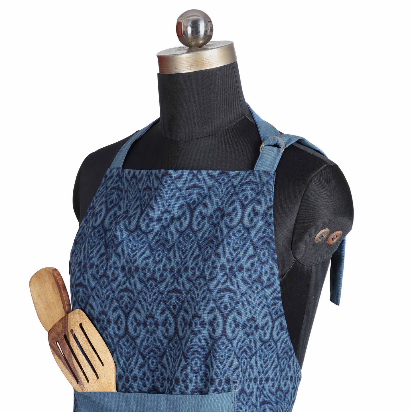 Ikat Print Indigo Blue Cotton Duck Apron with Pocket – Adjustable Straps -27X35 inches