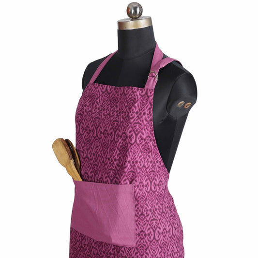 Ikat Print Plum Cotton Duck Apron with Pocket – Adjustable Straps - 27X35 inches