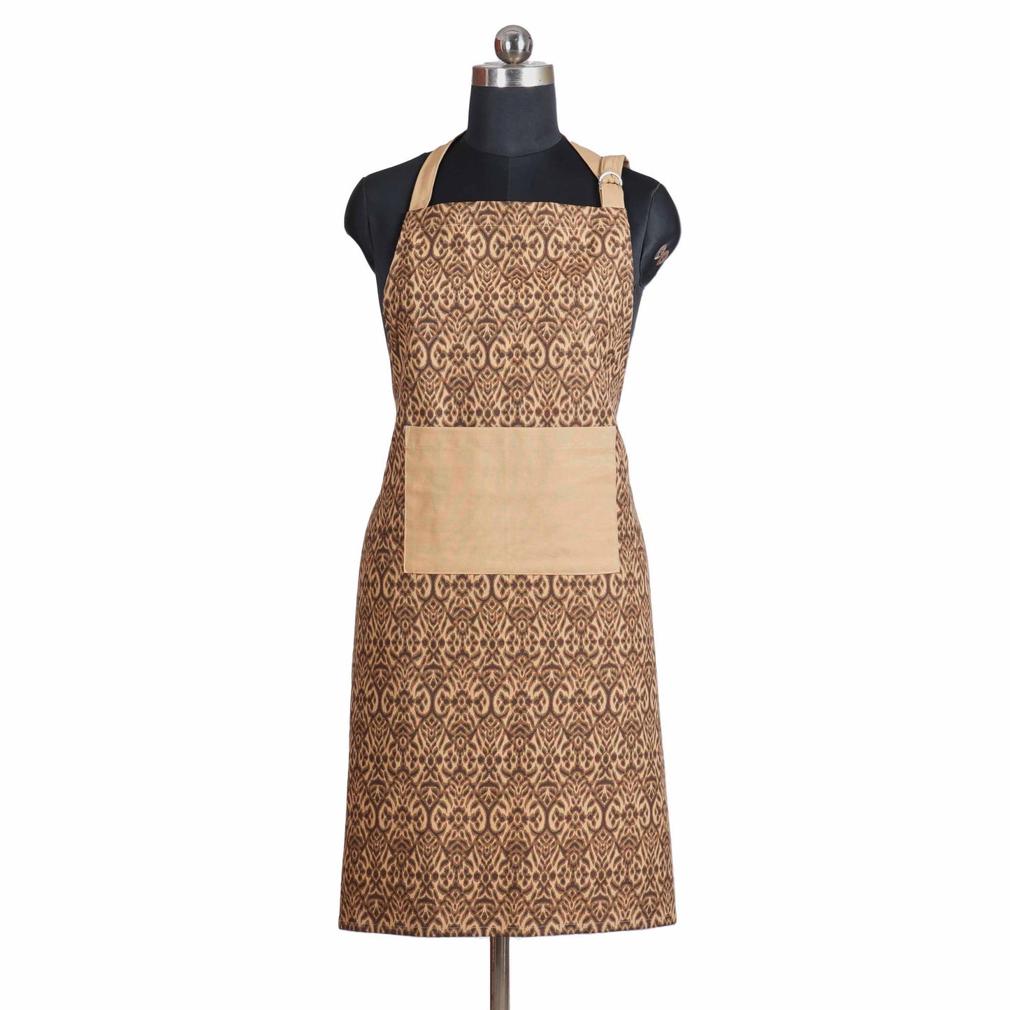 Ikat Print Beige Cotton Duck Apron with Pocket – Adjustable Straps -27X35 inches
