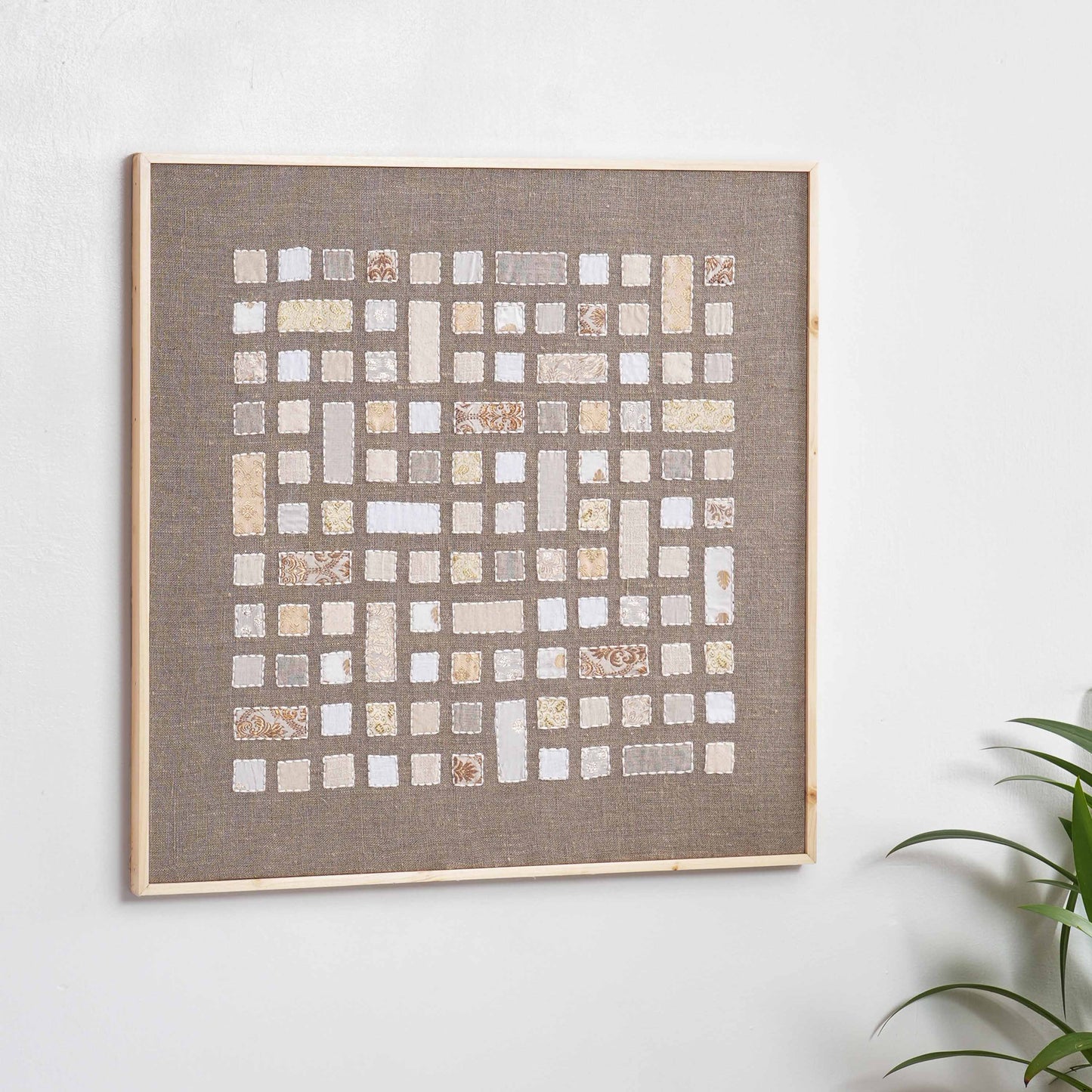 Neutral Patchwork Textile Wall Art – 24 x 24 inches, Unframed