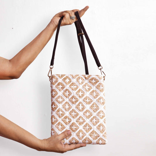 Faux Raffia Sling Bag - Hand-Interlaced, Cross Pattern – 8x10 Inches | Crossbody with leather strap