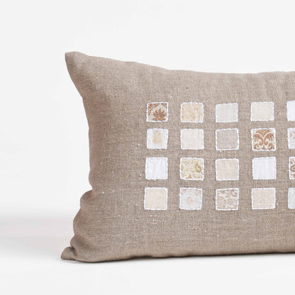 PURE ELEMENTS - Pure Linen Pillow Cover with White Grid Appliqué & Rice Stitch Embroidery | 12X30 inches