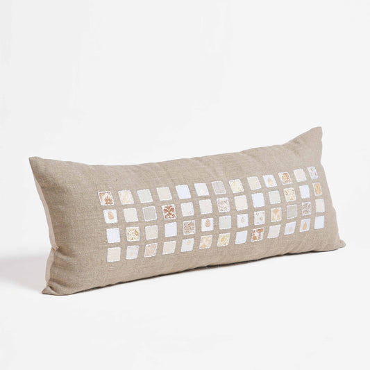 PURE ELEMENTS - Pure Linen Pillow Cover with White Grid Appliqué & Rice Stitch Embroidery | 18x18 inches