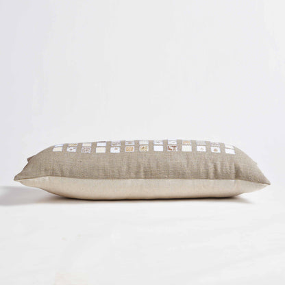PURE ELEMENTS - Pure Linen Pillow Cover with White Grid Appliqué & Rice Stitch Embroidery | 12X30 inches