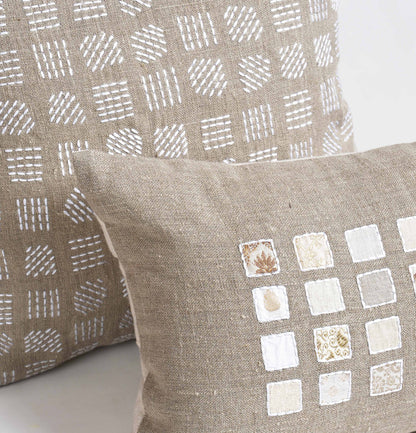 PURE ELEMENTS - Pure Linen Pillow Cover with White Rice Stitch Embroidery - Grid Pattern | 18x18 inches