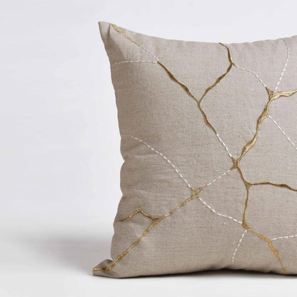 KINTSUGI Embroidered Linen Pillow Cover – 18x18 Inch, Gold & White Embroidery, Small Mend