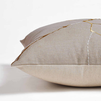 KINTSUGI Embroidered Linen Pillow Cover – 18x18 Inch, Gold & White Embroidery, Small Mend