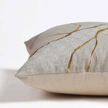 KINTSUGI Embroidered Linen Pillow Cover – 18x18 Inch, Gold & White Embroidery, Big Mend