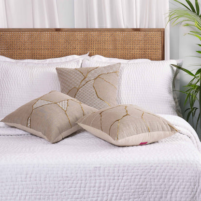 KINTSUGI Embroidered Linen Pillow Cover – 18x18 Inch, Gold & White Embroidery, Big Mend