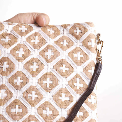 Faux Raffia Sling Bag - Hand-Interlaced, Cross Pattern – 8x10 Inches | Crossbody with leather strap
