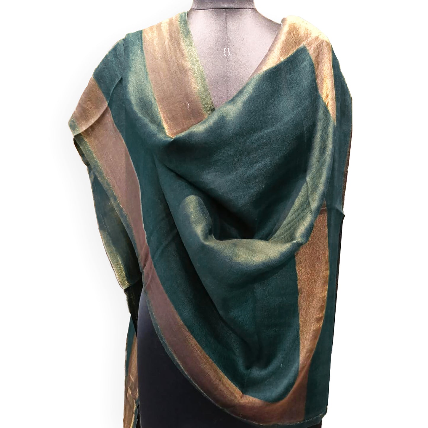 Peacock Green fine wool scarf with gold zari border, reversible autumn winter stole