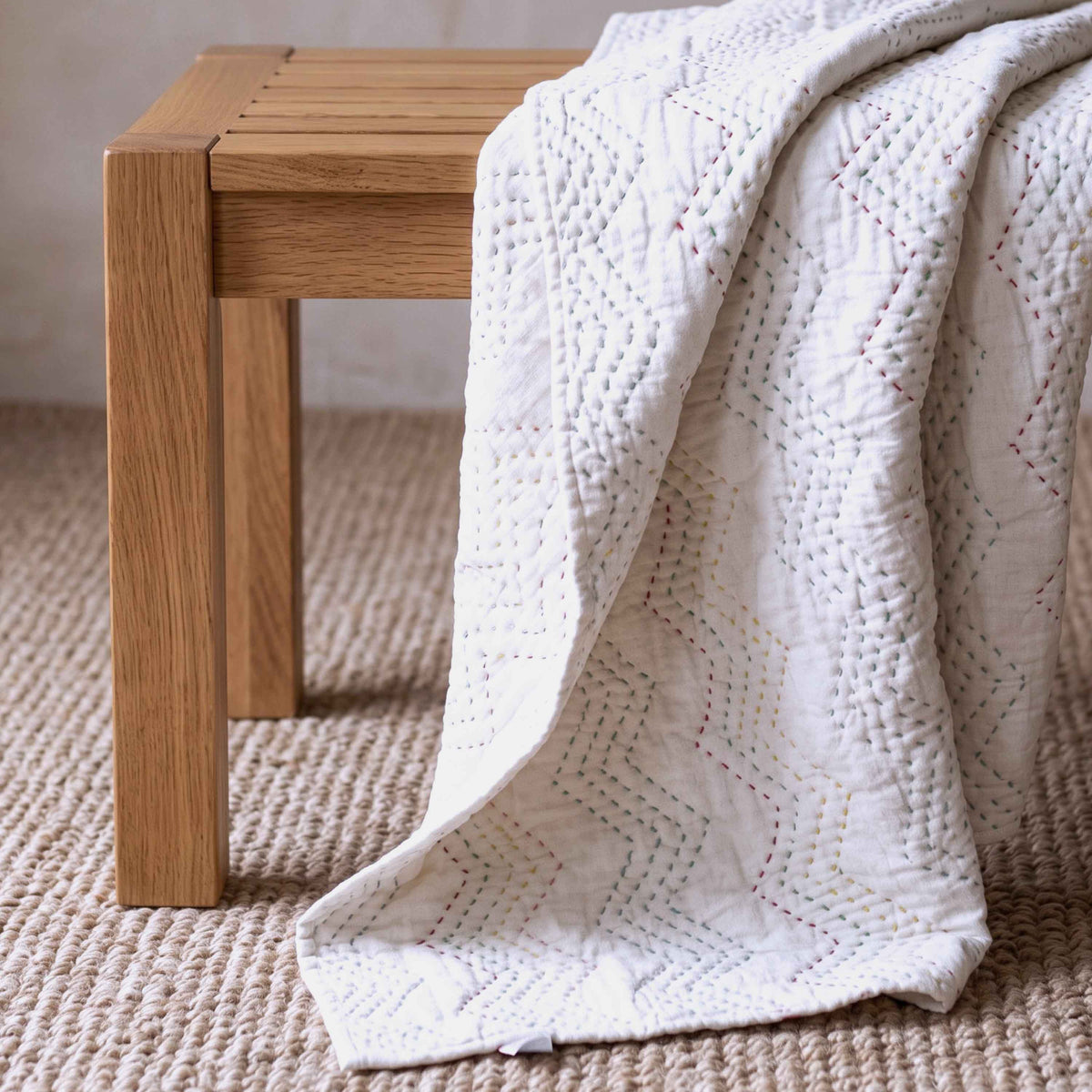 Off White Kantha Quilted Throw | Chevron Zig-Zag Pattern | 100% Cotton Voile | Handmade - Vliving