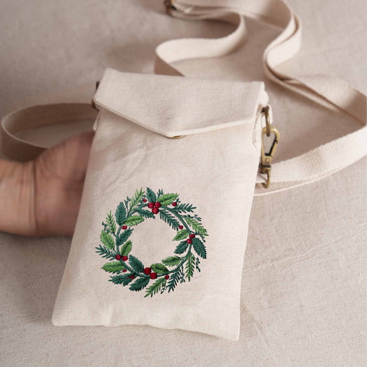 CHRISTMAS WREATH Embroidered Canvas Sling Bag – 5X8 inches - Compact Crossbody with Zip Pocket