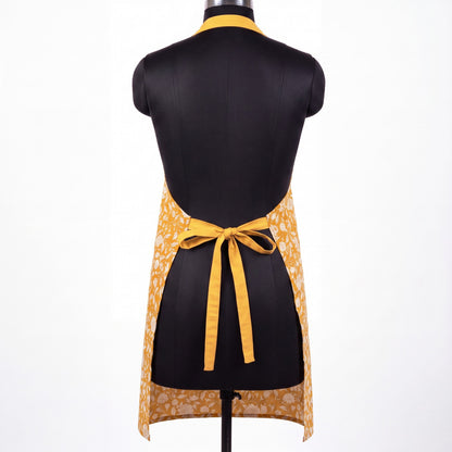 Kalamkari Yellow Mustard Cotton Kitchen Apron – White Floral Print | Full Apron | 27×35"