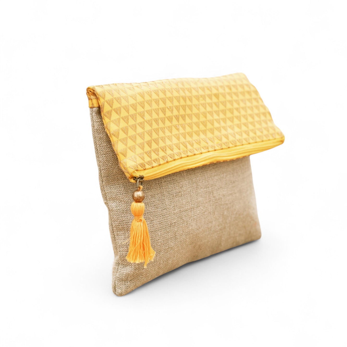 Linen and yellow brocade foldover clutch, bohemian look