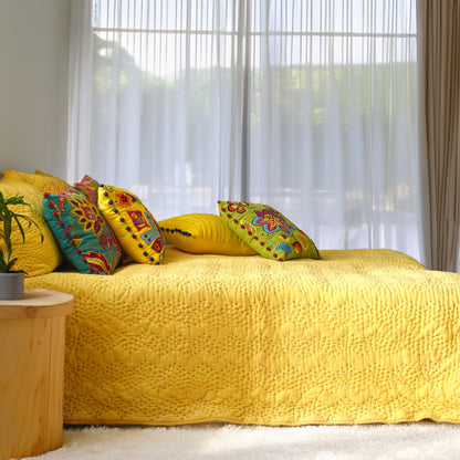 Yellow Kantha Quilt | Chevron Pattern Quilting | Twin, Queen & King Sizes