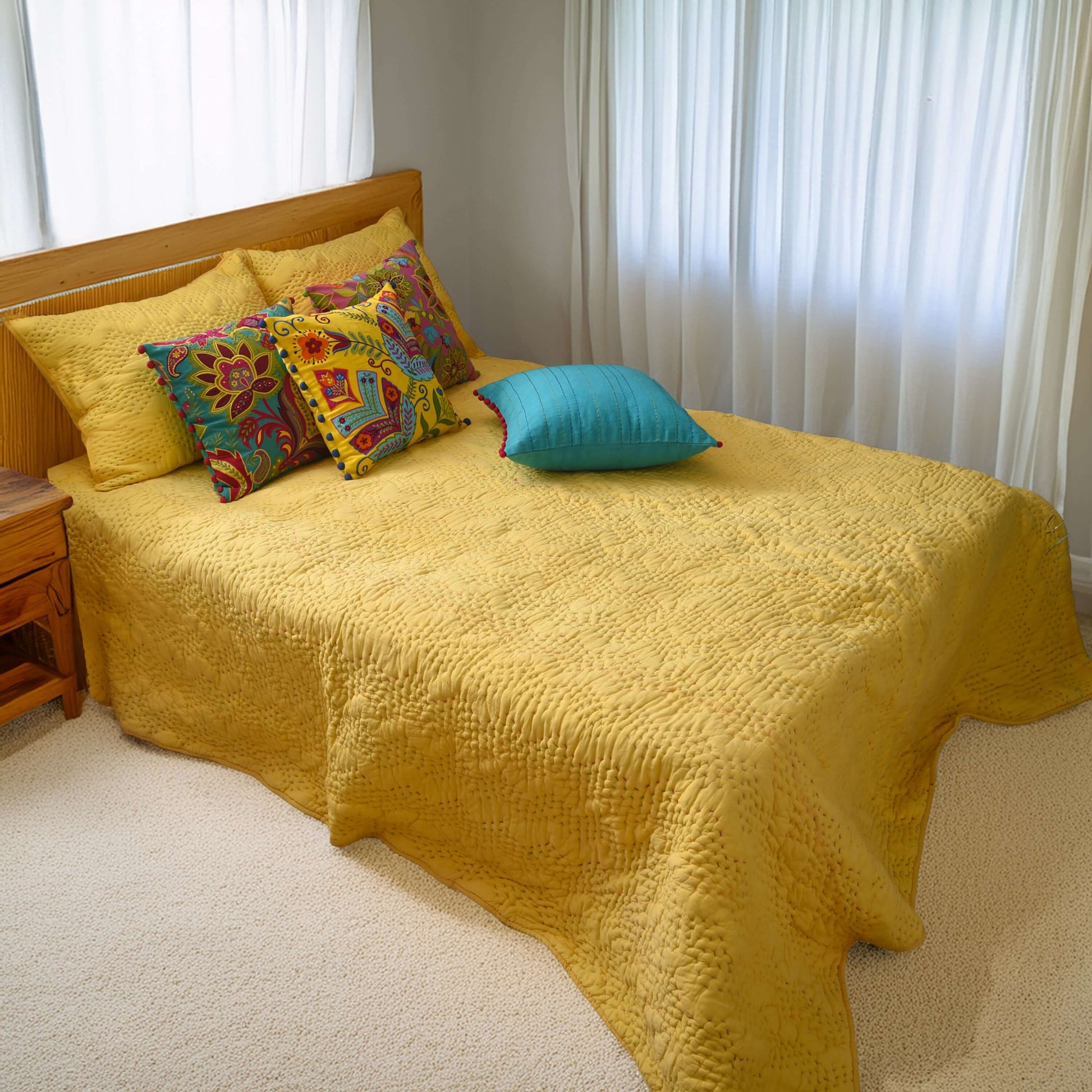 YELLOW Kantha quilted bed set - chevron pattern quilting, sizes available