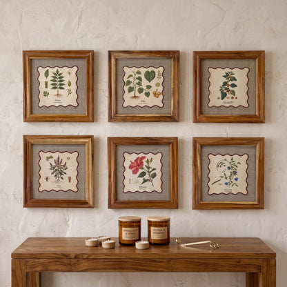 BOTANICAL HERB wall art, Hibiscus motif with wooden frame, 12X12 inches