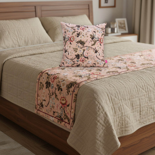 AMOUR - Blush Rose Print Linen Bed runner set - King / Queen / Twin Size