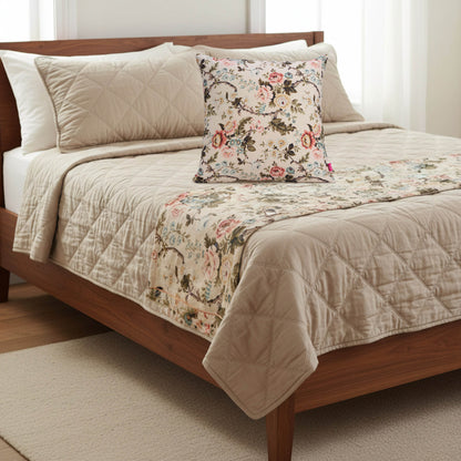 AMOUR - Beige Rose Print Linen Bed runner set - King / Queen / Twin Size