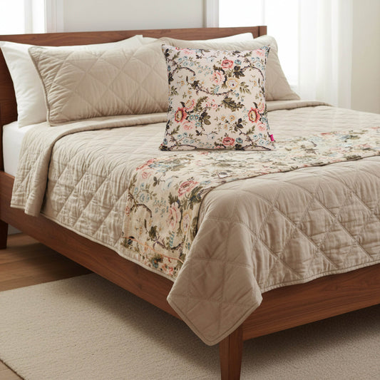 AMOUR - Beige Rose Print Linen Bed runner set - King / Queen / Twin Size