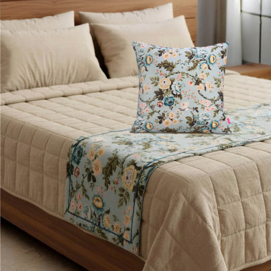 AMOUR - Duck Egg Rose Print Linen Bed runner set - King / Queen / Twin Size