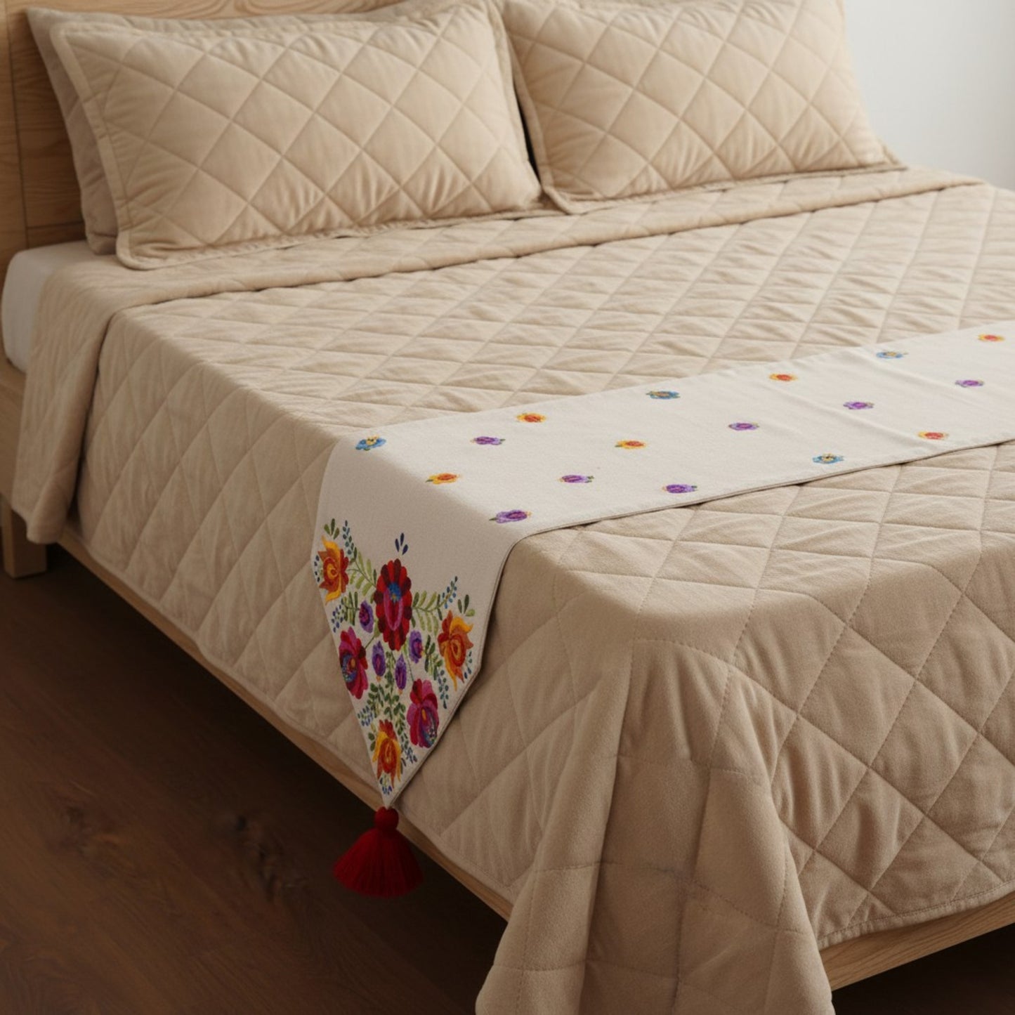 MATYO - Embroidered Bed Runner Set – Off white with multicolour Embroidery and tassel
