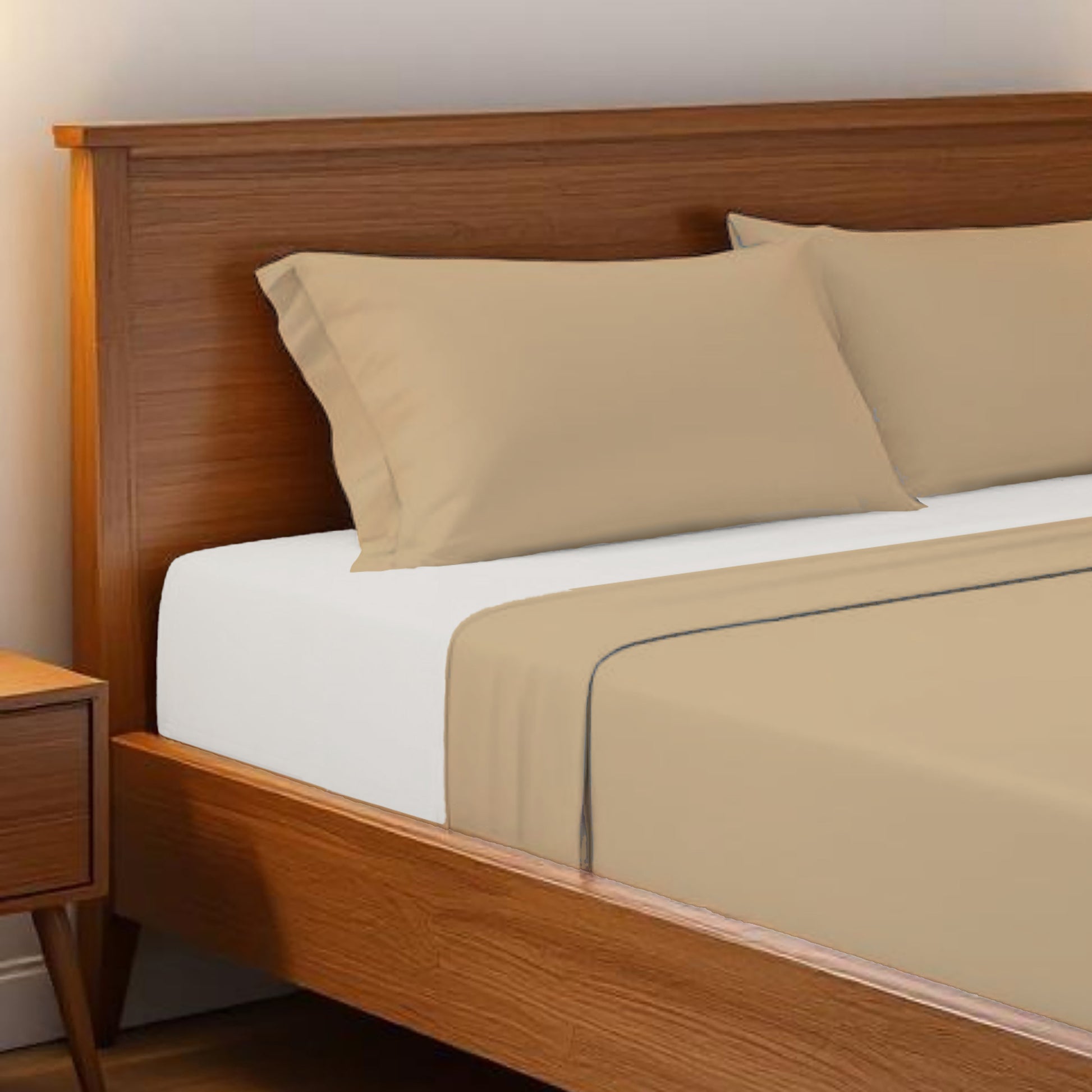 BEIGE 300TC flat sheet set, premium pure cotton satin - Vliving