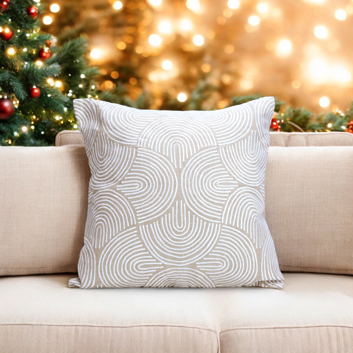 Christmas Linen pillow cover, modern retro pattern embroidered in white, sizes available