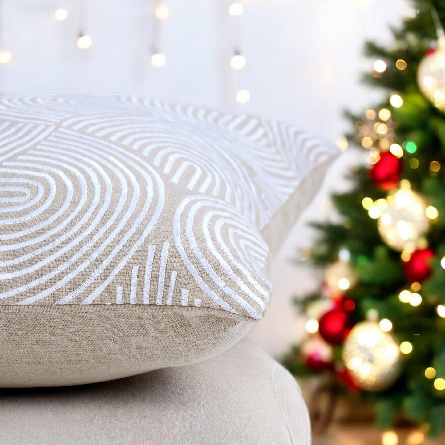 Christmas Linen pillow cover, modern retro pattern embroidered in white, sizes available