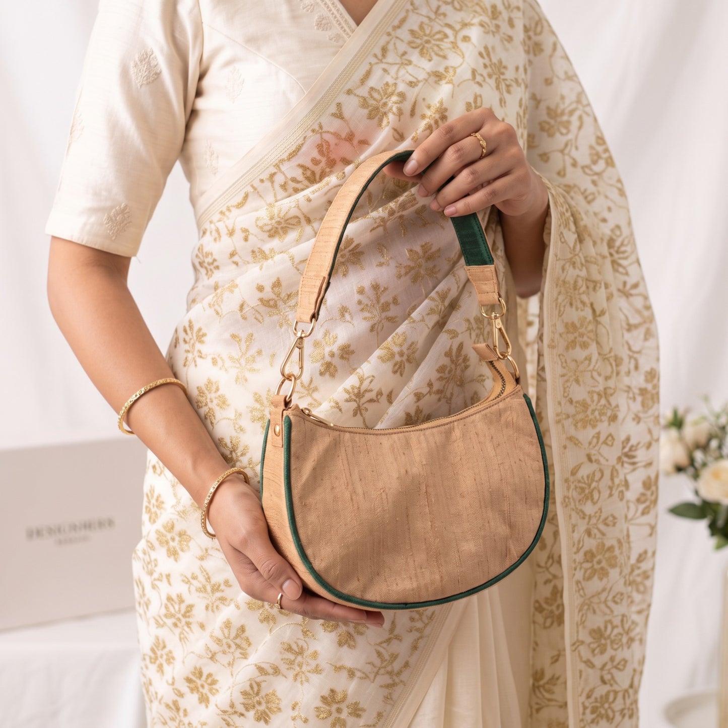 Crescent Half Moon Silk Party Purse | Beige & Bottle Green | Pure Silk Dupion