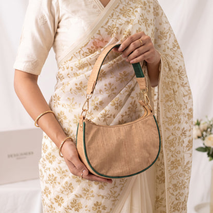 Crescent Half Moon Silk Party Purse | Beige & Bottle Green | Pure Silk Dupion