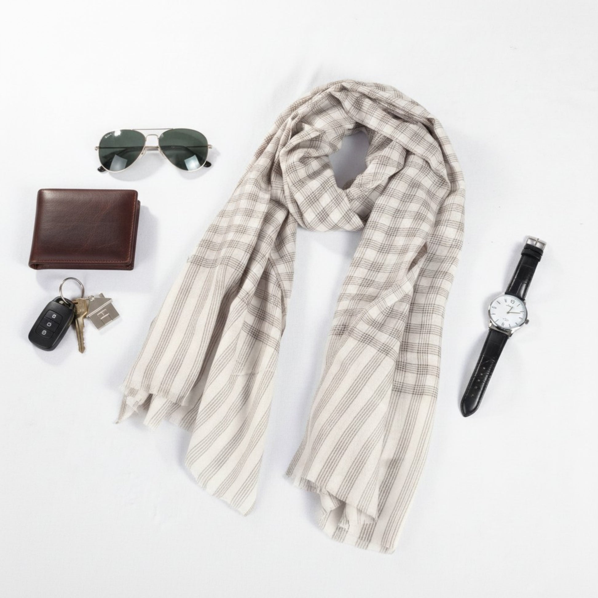 CHECK fine wool blend scarf for men, beige and black colour, reversible, gift for men - Vliving