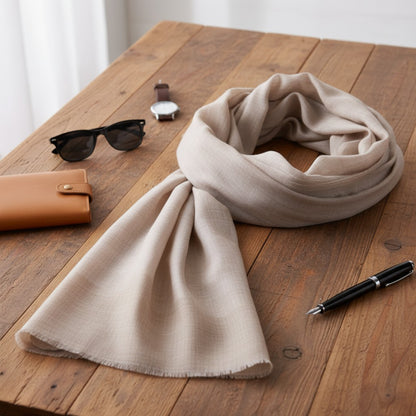 Natural Beige Fine Wool Tweed Scarf for Men | Lightweight Plain Stole - Vliving