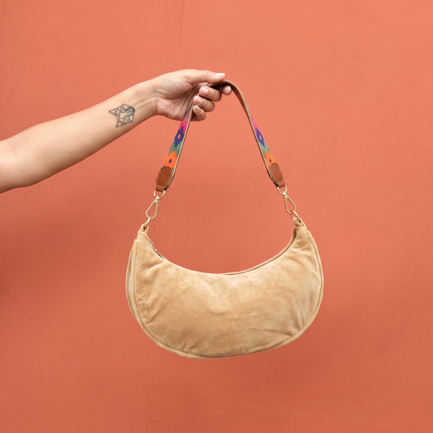 Beige Velvet Crescent Half Moon Purse | Detachable Embroidered & Leather Handle | 13 × 6.5 inches