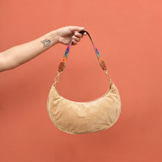 Beige Velvet Crescent Half Moon Purse | Detachable Embroidered & Leather Handle | 13 × 6.5 inches