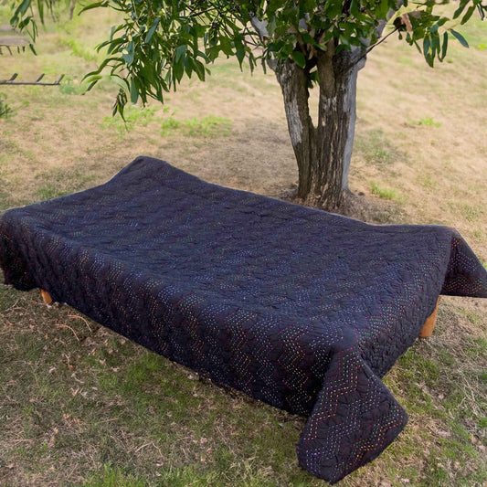 QUILT KANTHA - Black colour with chevron pattern quilting - sizes available