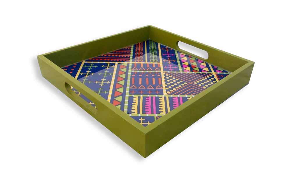 Tribal - Blue square wooden Tray