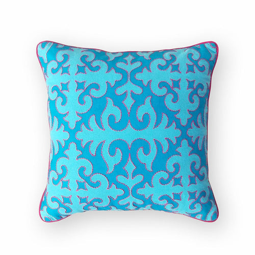 Shyrdak Turquoise Cotton Cushion Cover – Pink Piping & Embroidery | 6 Sizes