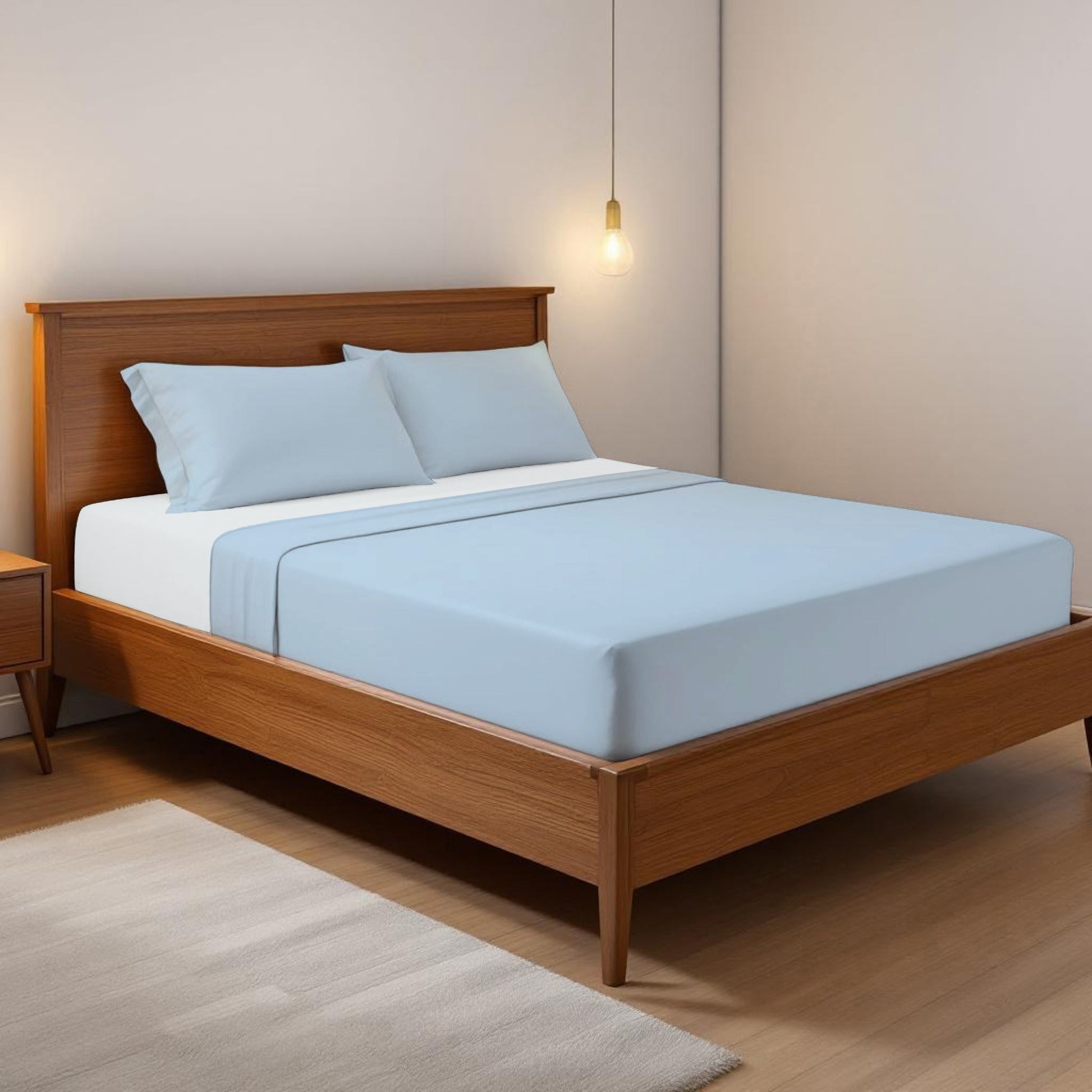 SKY BLUE 300TC flat sheet set, premium pure cotton satin - Vliving