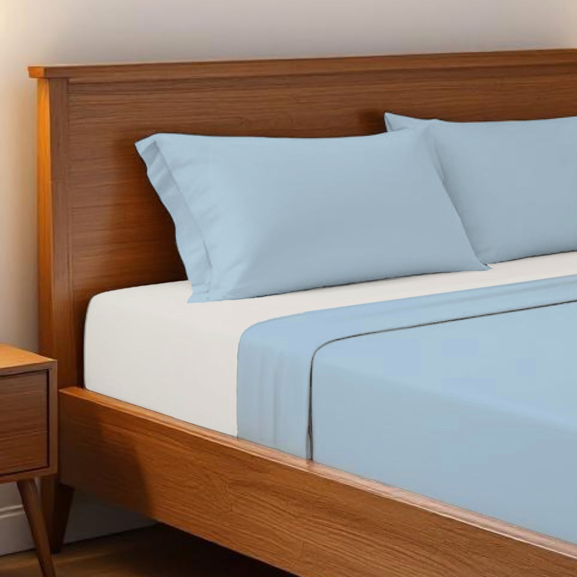 SKY BLUE 300TC flat sheet set, premium pure cotton satin - Vliving