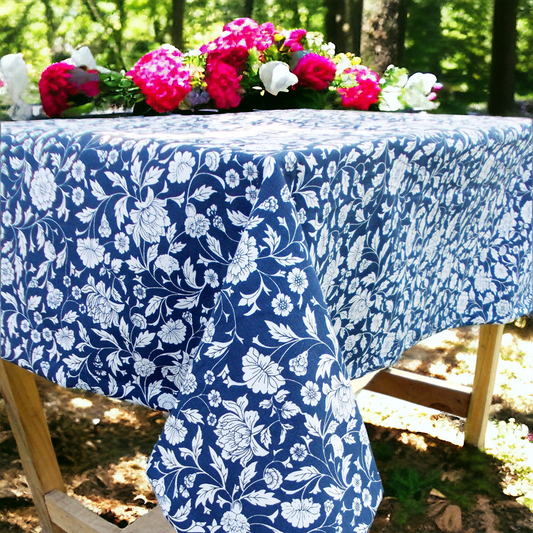 Indigo Kalamkari Cotton Tablecloth – White Floral Print | 3 Sizes | Vliving