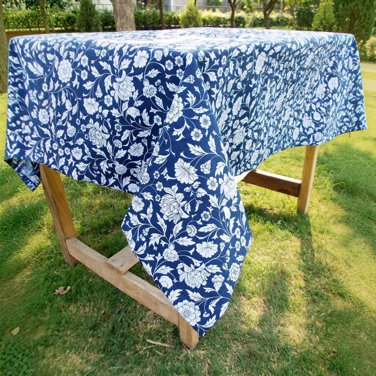 Indigo Kalamkari Cotton Tablecloth – White Floral Print | 3 Sizes | Vliving