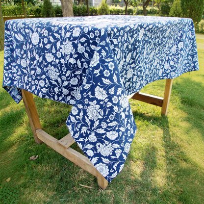 Indigo Kalamkari Cotton Tablecloth – White Floral Print | 3 Sizes | Vliving