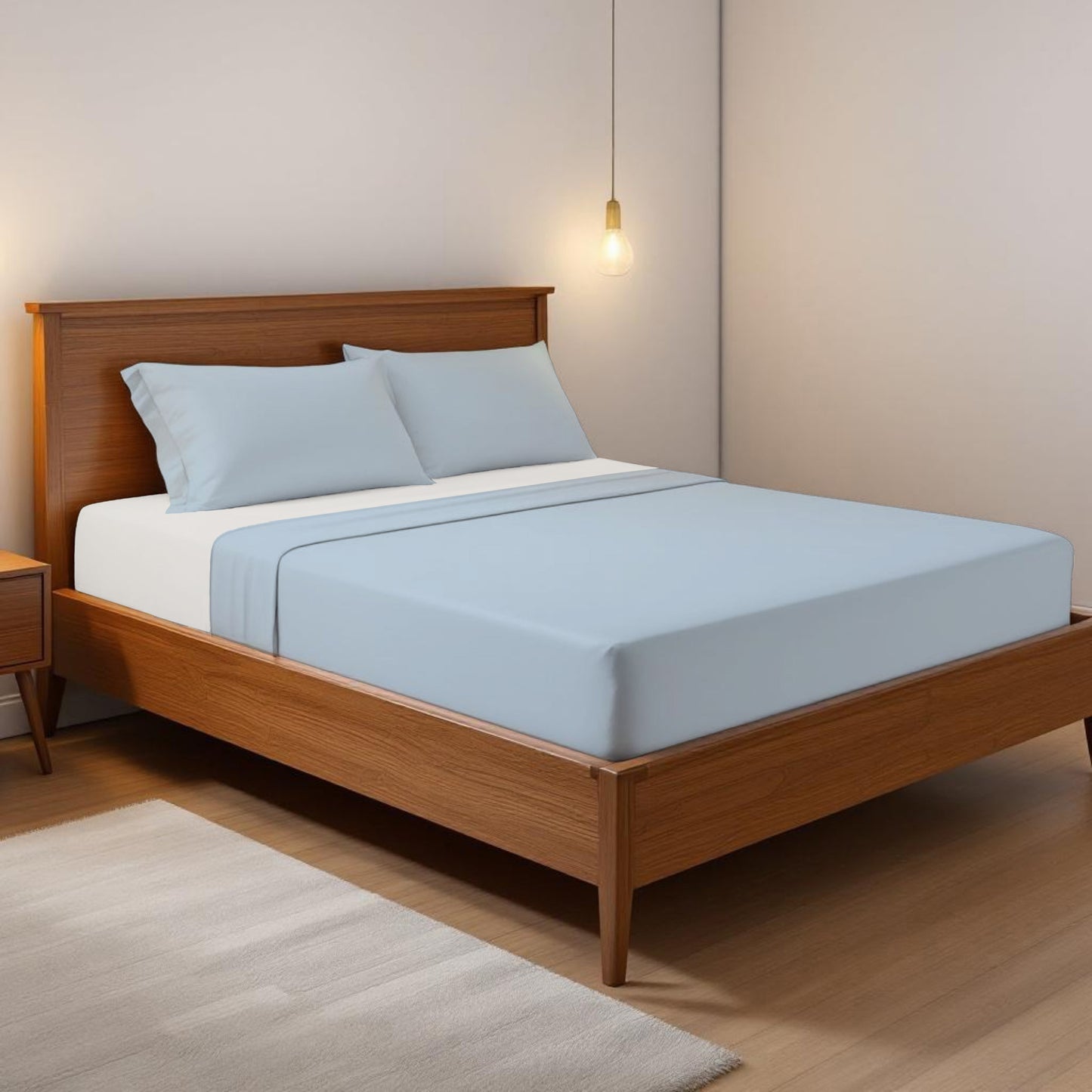 SKY BLUE 300TC flat sheet set, premium pure cotton satin