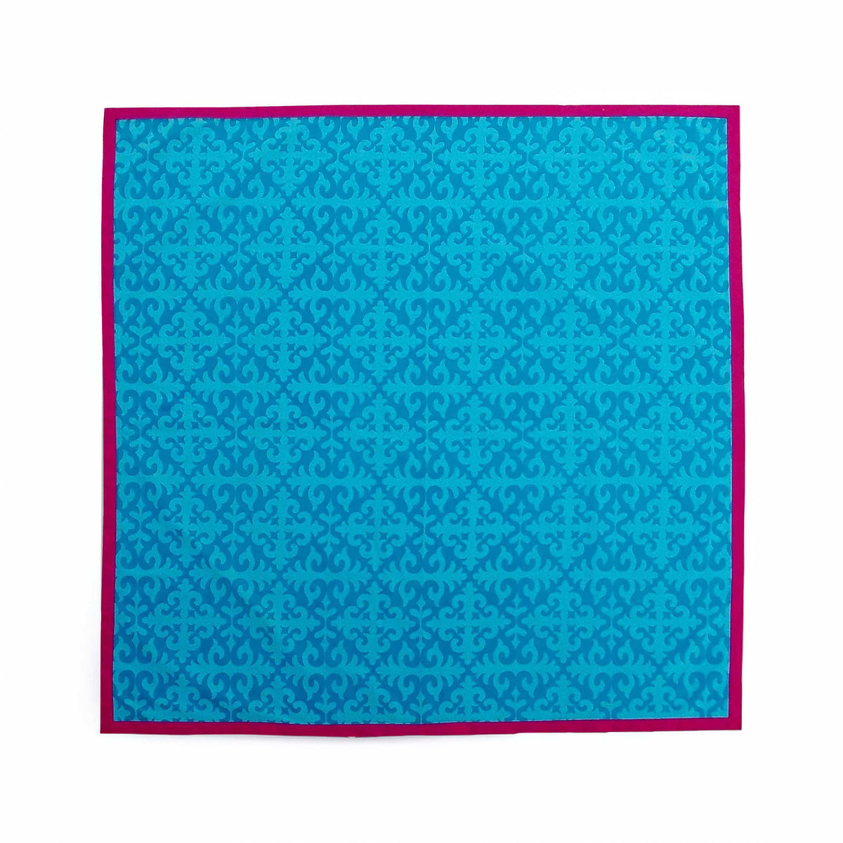 Shyrdak Turquoise Cotton Tablecloth – Tone-on-Tone Scroll Print with Hot Pink Border | 2 Sizes
